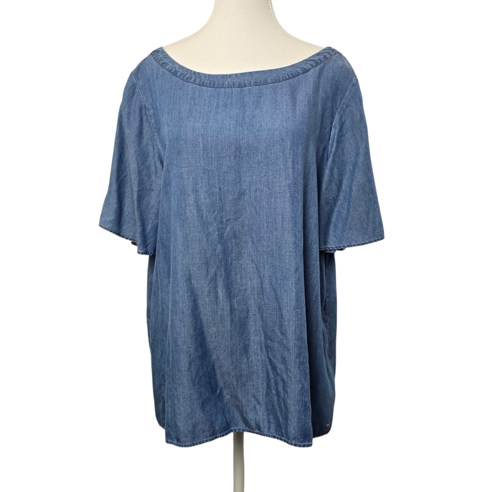 Tommy Hilfiger Chambray Boatneck Tie Back Flutter Sleeve Blouse Sz L Relaxed Fit